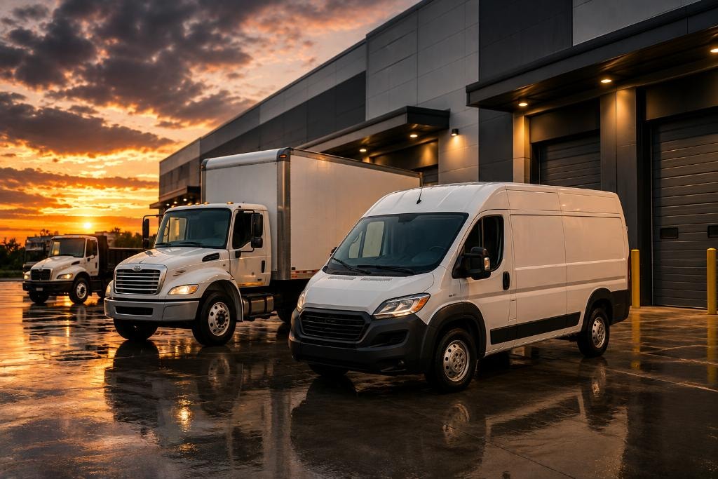 Commercial cargo van, box truck, and heavy commercial truck parked at warehouse loading docks under dramatic golden sunset
