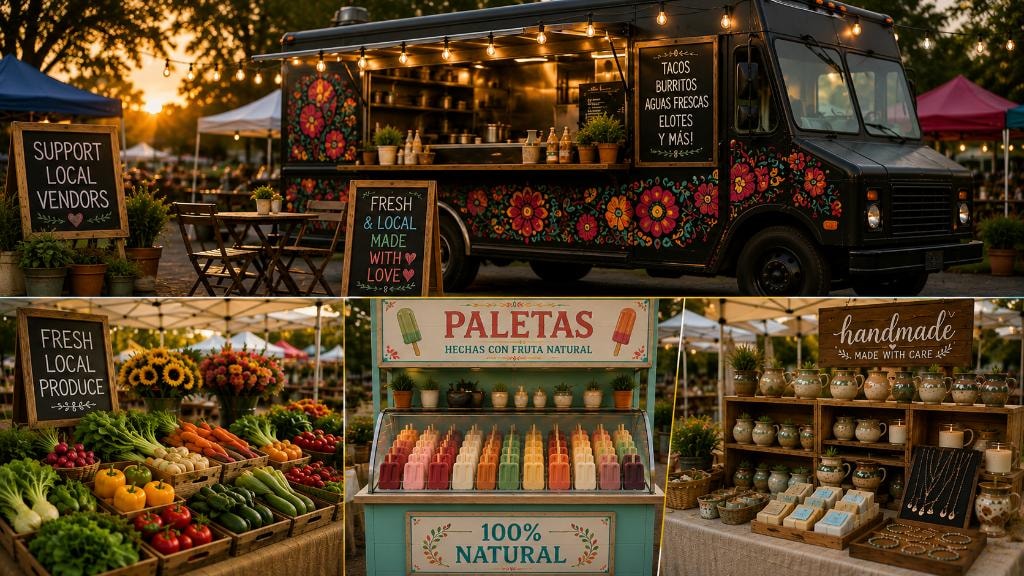 Vibrant farmers market scene with a black food truck, fresh produce stand, paleta cart, and handmade artisan vendor display at golden hour