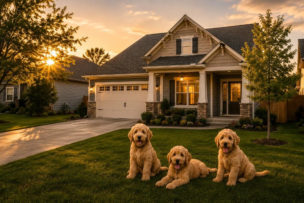 Attractive Wisconsin craftsman-style single-family rental home with attached garage, stone accents, covered front porch, glowing windows, mature trees, lush lawn, and three Golden Doodle puppies sitting in the front yard at golden-hour sunset