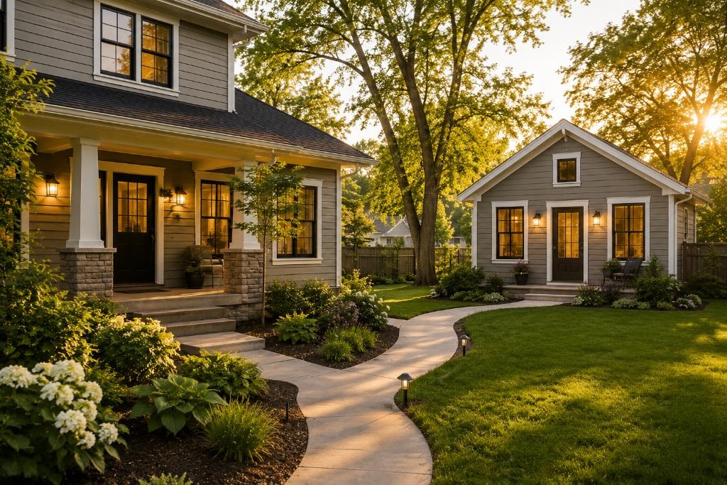 Midwestern primary craftsman home with a smaller ADU cottage behind it, connected by a lit stone walkway, warm golden-hour sunset lighting