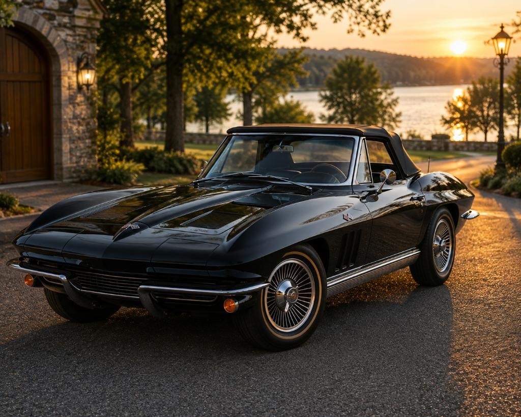 Classic black convertible collector car parked on a lakeside estate driveway at golden-hour sunset — Classic & Collector Car Insurance