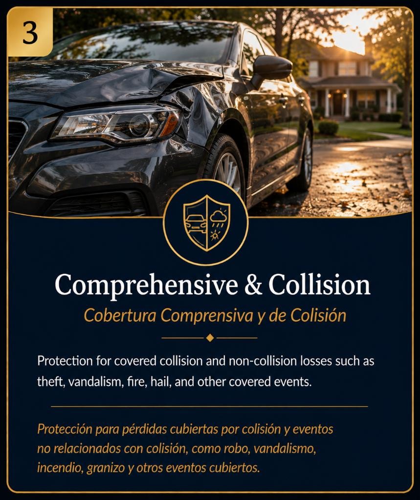 Damaged vehicle with crumpled hood parked in residential driveway at golden hour — Comprehensive & Collision Coverage