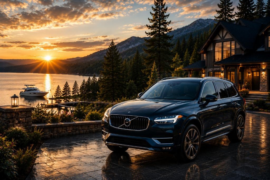 Luxury SUV parked at lakeside mountain home at sunset — Personal Auto Insurance