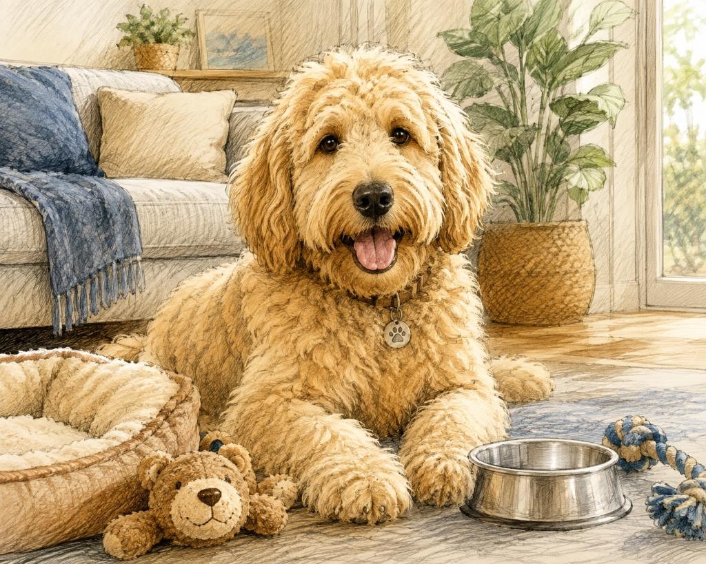 Happy Golden Doodle sitting in a cozy home setting with toys and a water bowl — Pet Injury Protection