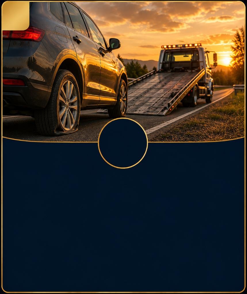 Flatbed tow truck loading a stranded SUV on a highway at sunset — Roadside & Rental Assistance